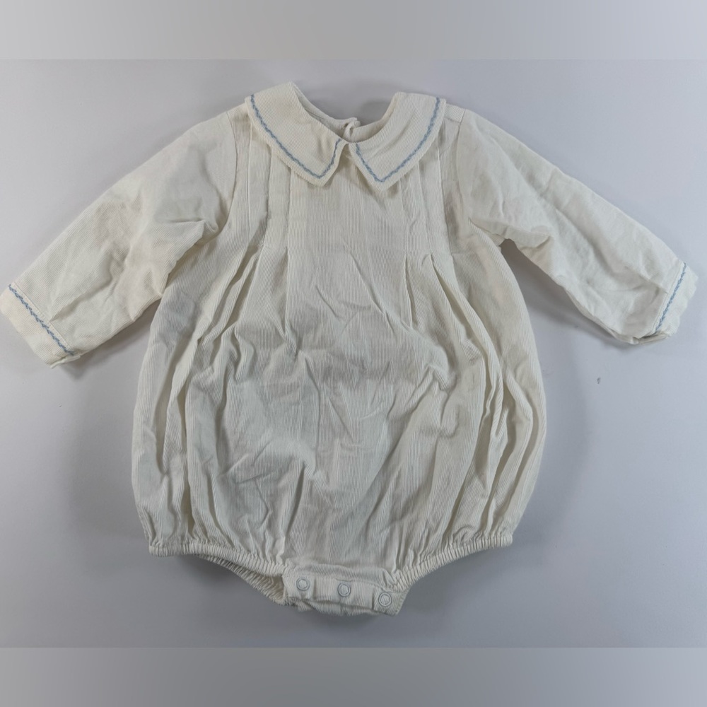 Sophie & Lucas - Baby Bubble Romper Ivory Blue Trim Peter Pan - 18M